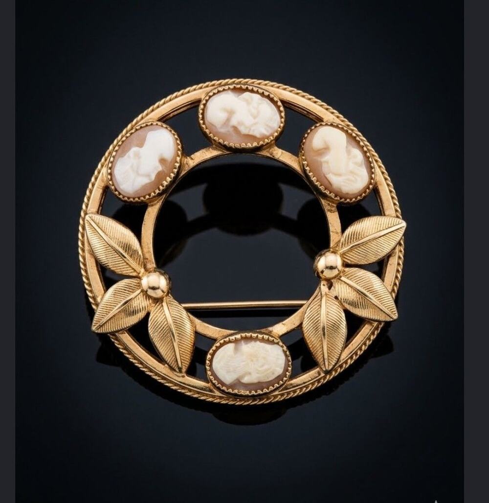 Vintg Catamore Jewelry Co. Gold Filled Hand Carved Shell Multi Cameo Brooch
